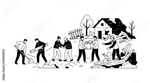 Foto Community rebuilding after disaster, people working together to clear debris