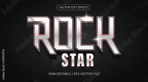 Metallic white and red 3D rock typography with sharp geometric letters, shadows and glowing highlights on dark background. Text reads Vector text effect , Rock Star and 100 editable EPS vector file 