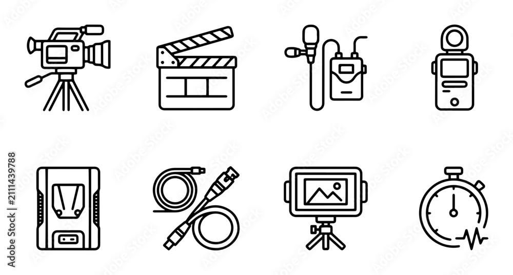 Fototapeta premium Film Production Icons Set: Camera, Clapperboard, Microphone, Lights, Stopwatch, Video Gear