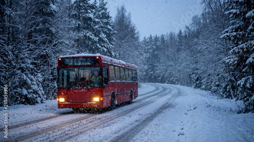 Red bus driving on a snowy road through a pine forest during winter