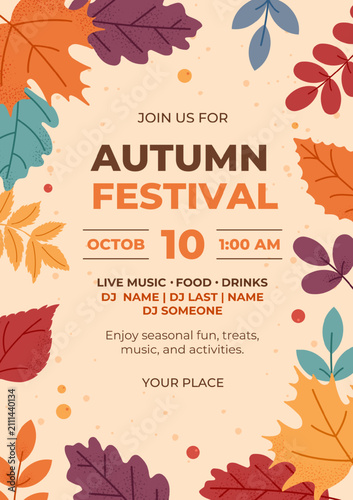 Autumn Festival invitation Template with Colorful Botanical Leaves Berries and Seasonal Foliage Grain Texture Fall Celebration Poster, Cozy Seasonal Frame Flyer, Modern Hand Drawn Vector Illustration