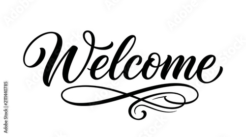 Elegant black welcome typography design with decorative flourishes isolated on a white background for greeting cards and wedding invitations