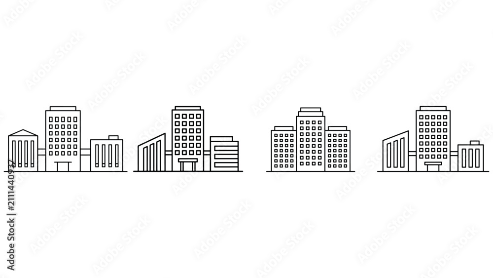 Fototapeta premium Group of four linear vector illustrations depicting various urban office building designs.