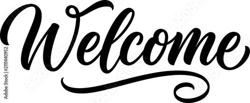 Elegant black welcome typography design with a stylish cursive script font isolated on a clean white background for decor