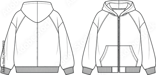 Foto Technical fashion sketch of a zip up hoodie with a hood and ribbed hem in black
