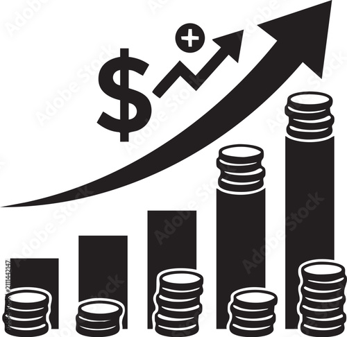 Financial Growth and Profit Increase Bar Chart with Dollar Symbol and Coin Stack Illustration