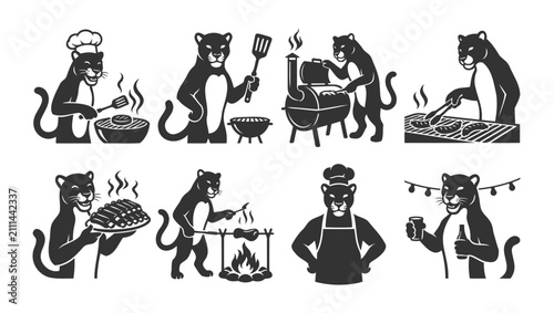 Panther chef collection grilling meat on charcoal barbecue outdoor cooking
