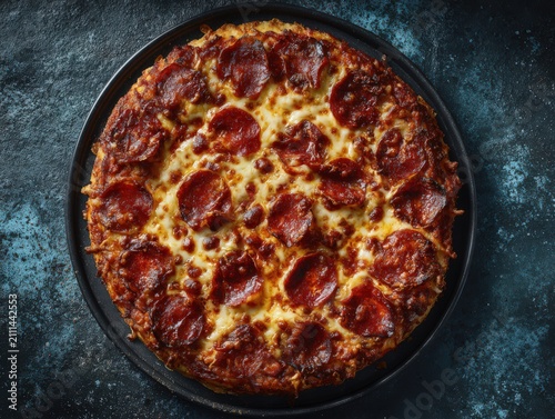 Whole Pepperoni Pizza on Dark Pan Classic Food Photography