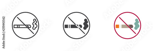 No smoking icon in line, solid and flat colorful versions, cigarette ban color vector sign and symbol. No smoking icon set for health and ecology warnings.