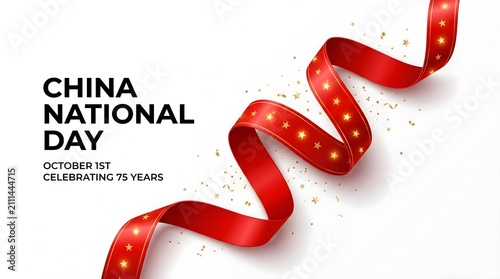A festive celebration background for china national day featuring a bright red curling ribbon with golden sparkles on white background