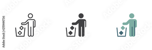 Do not litter icon shows person placing waste near bin in line, solid and flat colorful color styles. Vector sign and symbol for clean city, do not litter icon pack.
