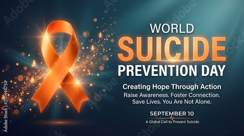 World suicide prevention day concept with a glowing orange awareness ribbon on a dark background with sparkles and elegant typography
