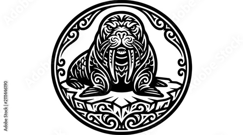 Schilderij op canvas Ornate circular walrus emblem on ice floe