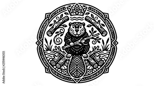 Obraz na plátně Intricate beaver emblem with crown and timber frame.
