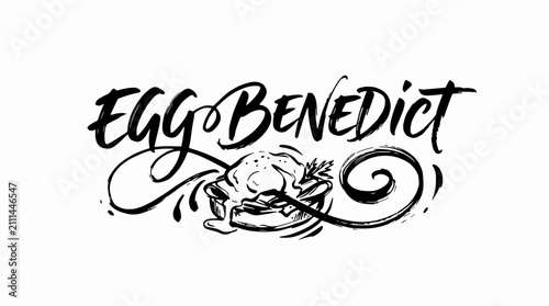 Tableau sur toile Hand-lettered egg benedict text with food sketch.