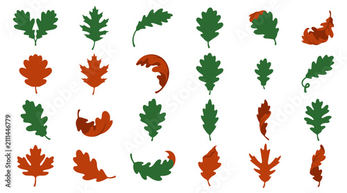 Fotografía Autumn Oak Leaves Collection: Green and Orange Seasonal Foliage