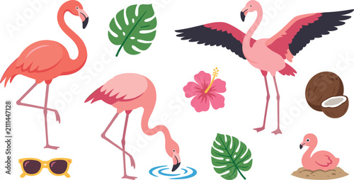 Fotografie Cute Pink Flamingo Vector Character Set with Tropical Monstera Leaves Hibiscus F
