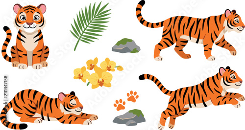 Fotografie Cute Tiger Vector Clipart Set with Cartoon Character Poses Tropical Palm Leaf Ye
