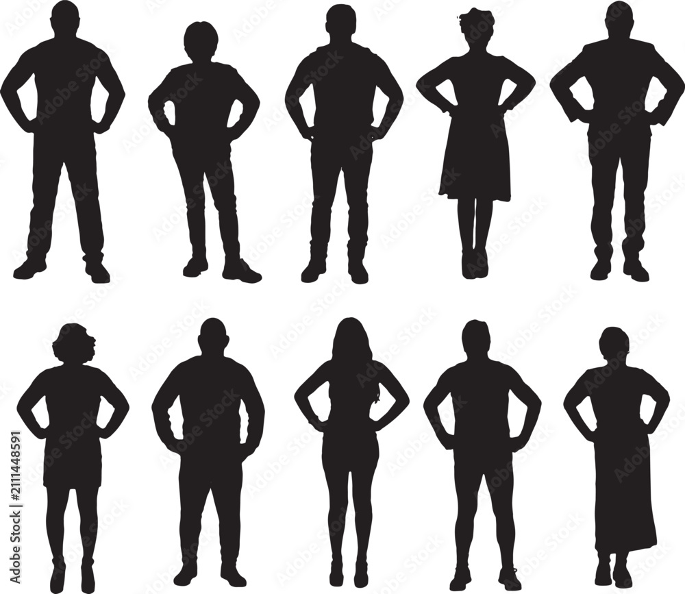 Obraz premium vector,front view of a silhouette group of people standing and arms akimbo
