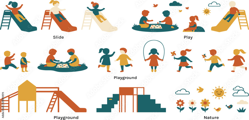 Naklejka premium Children Playing at Playground Icon Set Featuring Slides, Skipping Rope, Board Games, and Nature Elements for Kids Activity Graphic Designs
