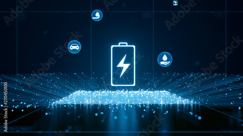 Technology battery high power electric energy, Battery to electric cars and mobile devices with clean electric, Green renewable energy battery storage future, Technology digital abstract background