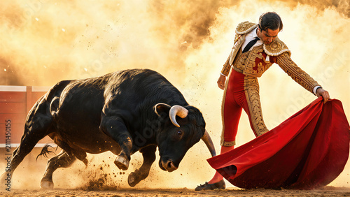 Matador facing a charging bull in a Portuguese bullfight arena. Traditional spectacle featuring a brave man with a red cape. Cultural performance and historical animal encounter event.