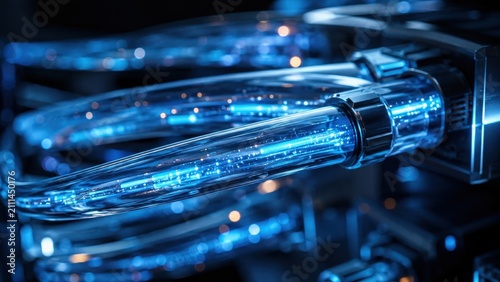 Fiber optic cables in server hardware with blue light