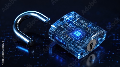 Digital padlock with glowing circuit board on dark background