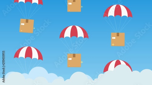 many carton box packages fall on on sky. Shopping order delivery theme