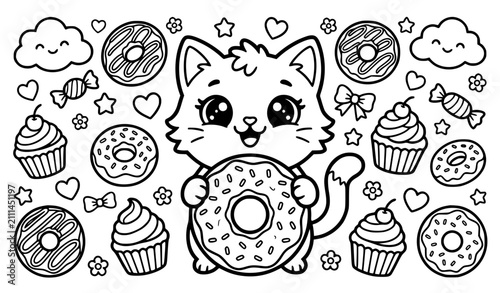 Fotografie Cute Kawaii Cat with Donuts Coloring Page for Kids Vector Illustration