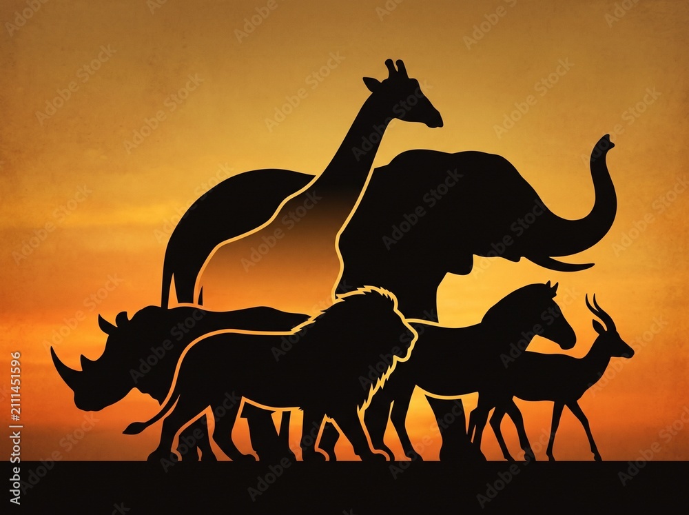 Fototapeta premium African Safari Animals Silhouette Sunset