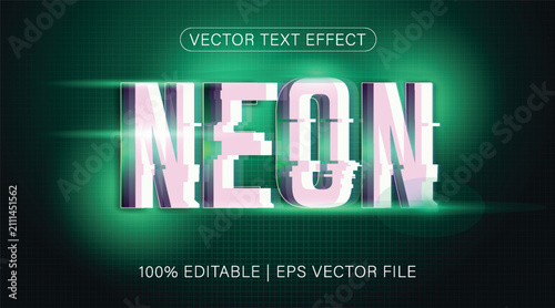 Green neon glitch typography on dark background. Text reads Vector Text Effect , Neon and 100 Editable EPS Vector File . Vector illustration