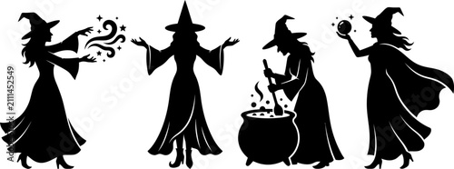 Obraz na płótnie Witch Silhouettes Depicting Magic And Mysticism In Black Vector Illustration