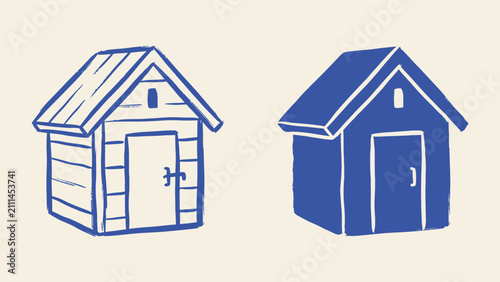 Bild auf Leinwand Blue hand drawn wooden shed icons in linocut style with outline and filled versi