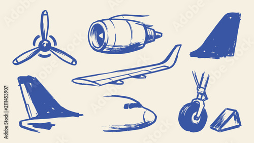 Foto Blue hand drawn airplane parts vector illustration set with propeller jet engine