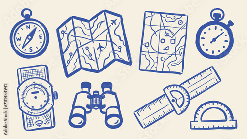 Hand drawn navigation and exploration icon set with compass map binoculars stopwatch and ruler vector illustration