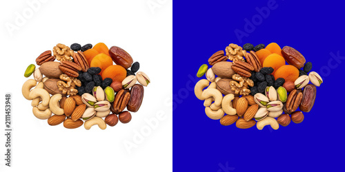 A vibrant assortment of mixed nuts and dried fruits arranged beautifully on a split background