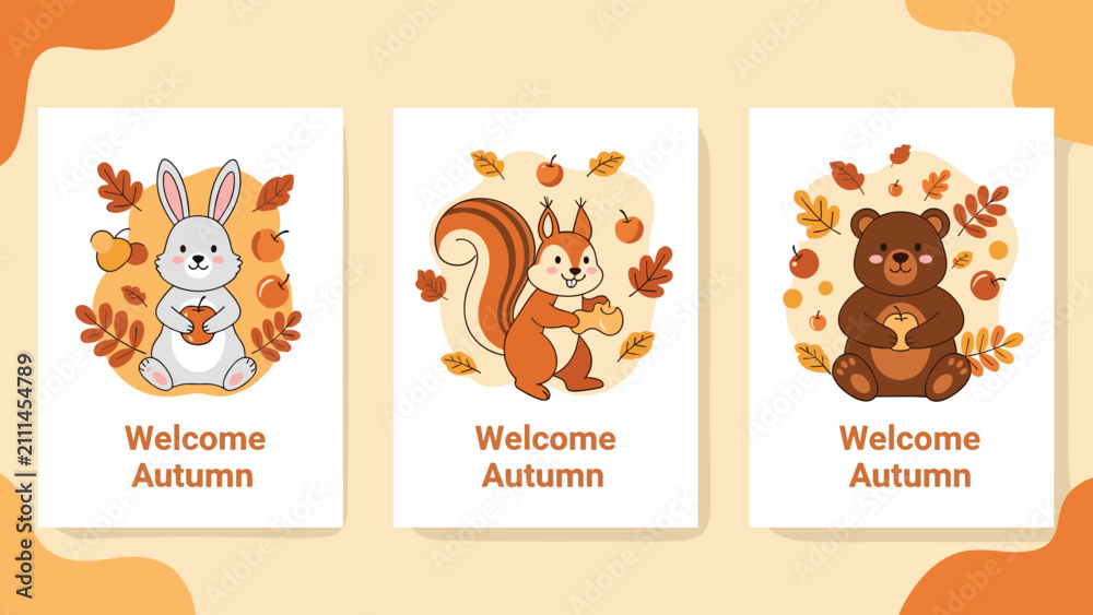 Fototapeta premium Three autumn themed cards featuring a cute rabbit squirrel and bear with apples and falling leaves in warm colors.