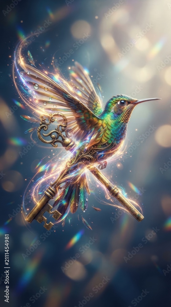 Obraz premium Hummingbird flying with an ornate vintage key