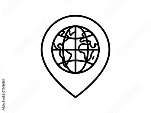 Location pin with globe icon, global GPS navigation sign, world map marker symbol design vector