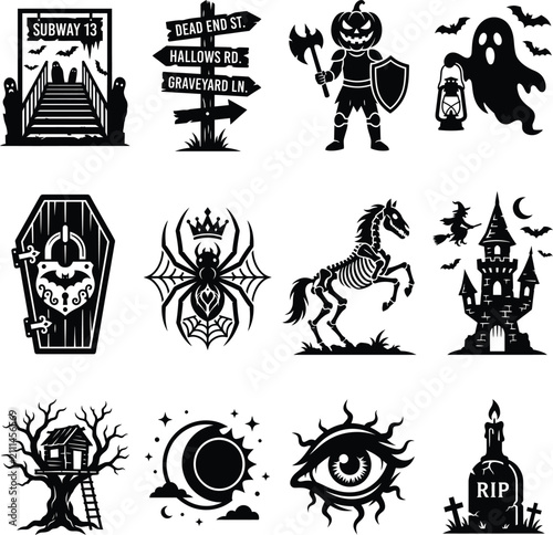 Bild auf Leinwand Halloween themed silhouettes on a white background spooky vector designs