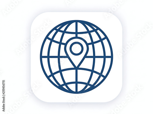 Blue line icon of a world globe with a navigation location pin marker on a white background for travel and global business