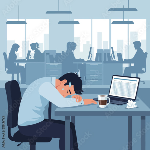 Exhausted Businessman Napping At Office Desk Amidst Busy Work Environment