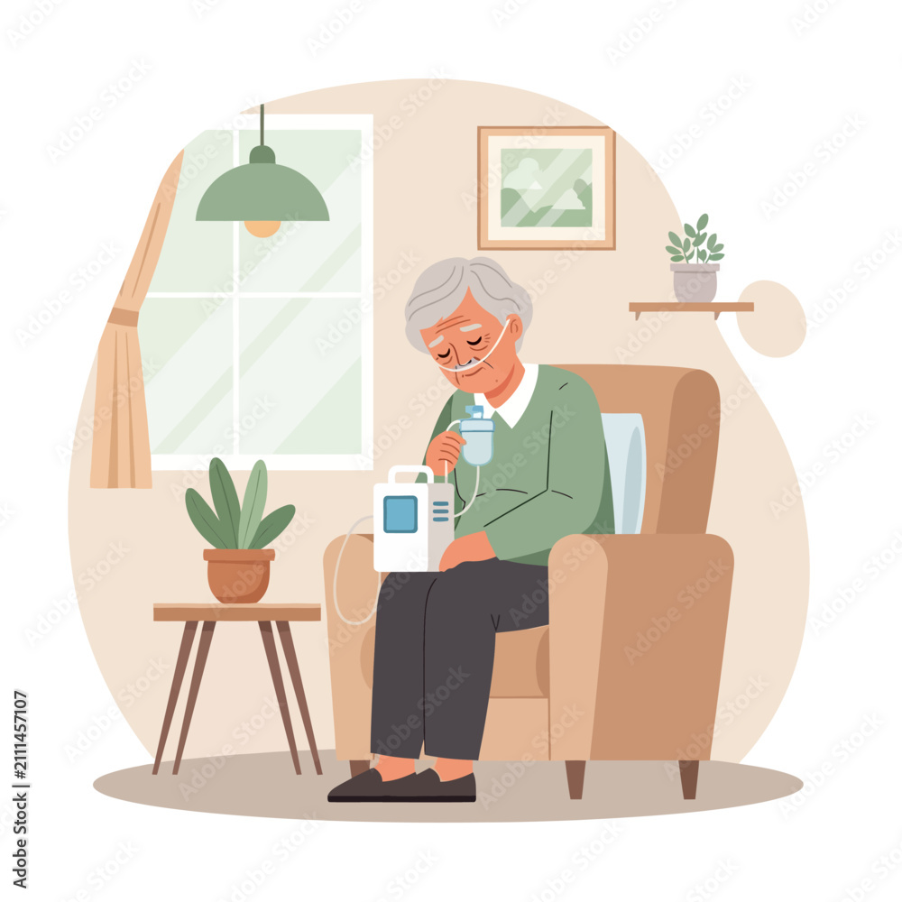 Fototapeta premium Elderly Person Using Nebulizer At Home For Respiratory Health
