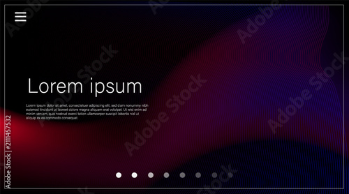 Dark abstract background with flowing red, purple and blue gradient waves, fine curved lines and interface elements. Text reads Lorem ipsum . Vector illustration