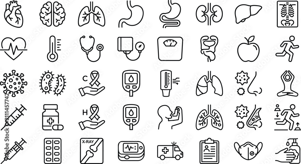 Naklejka premium Human internal organs and medical healthcare diagnostic line icon set isolated on white background