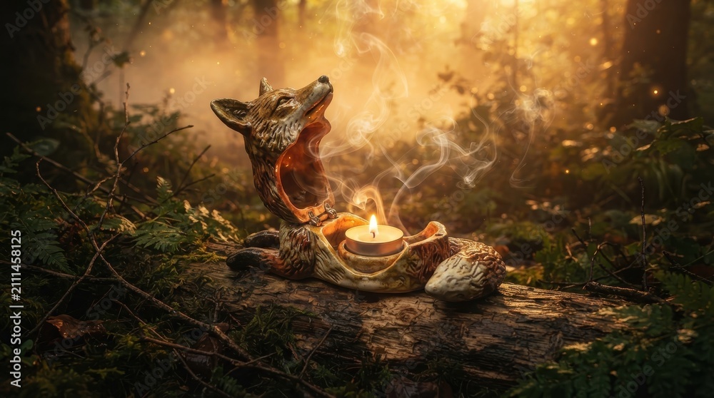 Obraz premium Fox shaped incense burner with candle in forest