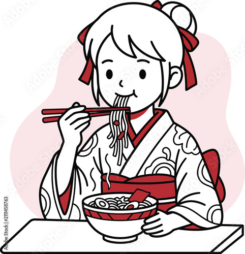 Cute Japanese girl in traditional kimono eating ramen noodles with chopsticks vector illustration, minimalist manga style line art, Asian food culture, traditional dress yukata, steaming bowl of soup,