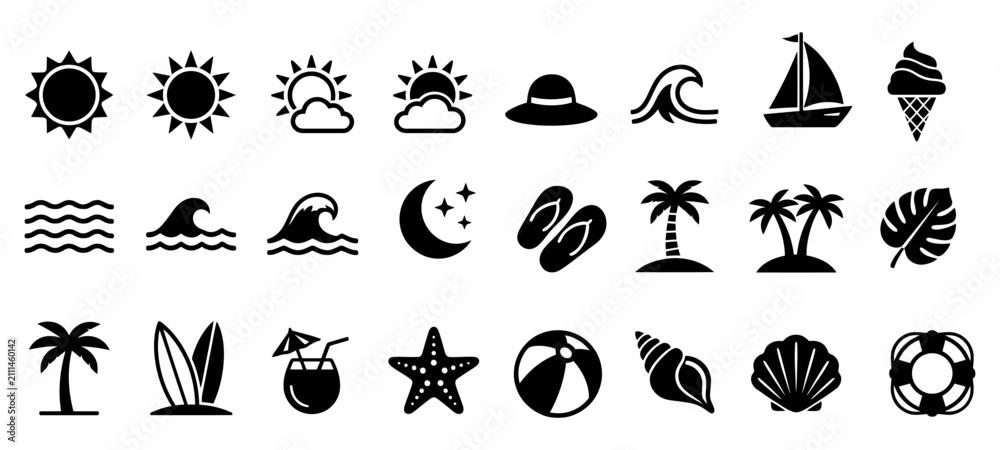 Fototapeta premium Set of summer and beach themed icons for vacation activities with vacation tropical adventure icecream starfish flipflops recreation