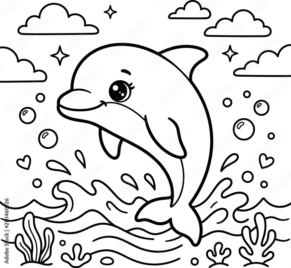 Obraz premium Cute dolphin jumping through waves with hearts bubbles and stars in sky